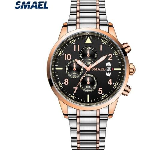 SMAEL Fashion Watches For Men Easy-read Dial Chronograph Quartz Wristwatches Modern Man Clock with Stainless Steel Strap 9132