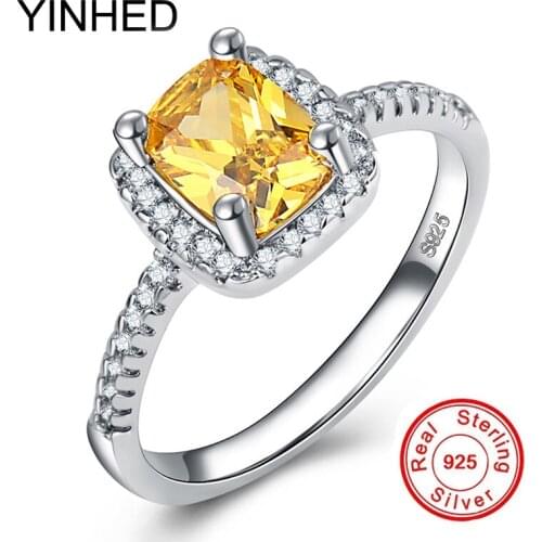 YINHED Original Solid 925 Sterling Silver Ring 2 Carat 8mm Yellow Color CZ Diamant Wedding Ring for Women Jewelry ZY001