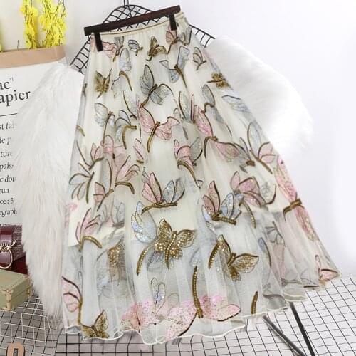 Elastic High Waist Lace Skirts Women Summer Sequined Dragonfly Embroidery New Korean Elegant Casual A-Line Half Skirt Female