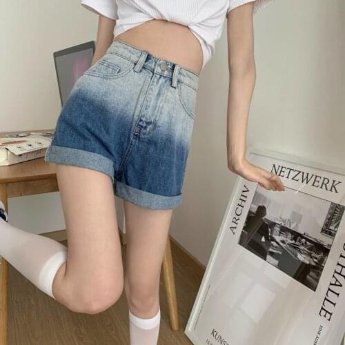 High Waist Korean Denim Shorts Tie Dye Women 2021 Summer Y2K Loose Hot Gradient Shorts Blue Pockets Jeans Pants Streetwear P006