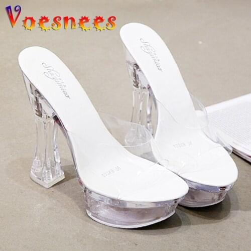 2019 New PVC Clear Jelly Slippers Women Open Toe High Heels 14.5cm Women Sandals Transparent Perspex Slippers Female Shoes Pumps