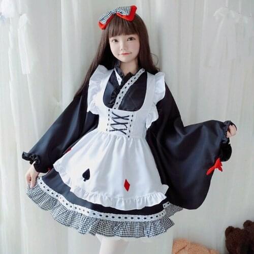 Cute Japanese Anime Cosplay Black Lolita Dress Maid Costume For Girls Women Long Sleeves Apron Halloween Costumes