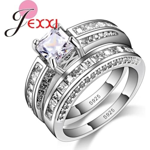 New Fashion Women Square Cut White Crystal Ring Sets Jewelry Finger Accessories 925 Sterling Silver Cubiz Zircon Ring Set