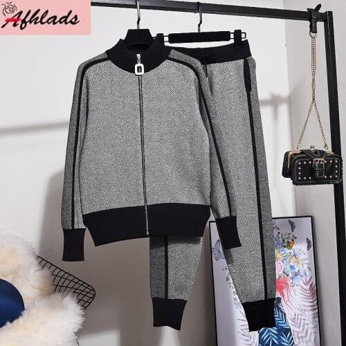 Autumn And Winter Fashion Small Fragrance Two-Piece Zipper Patchwork Knitted Jackets + Casual Pants Tracksuits Women Sets