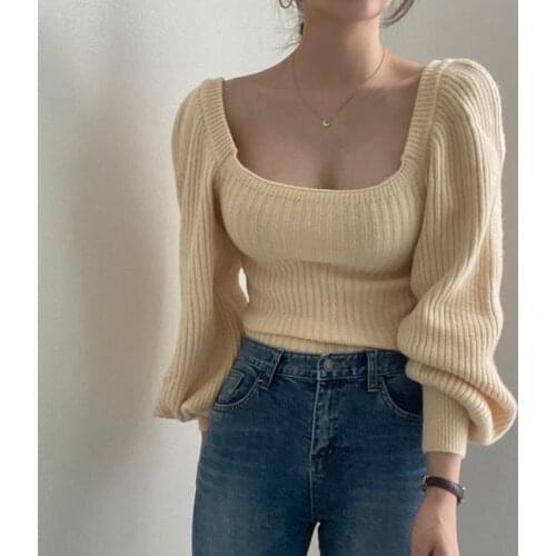 Slim Square Neck Lantern Sleeve Knitted Sweater Women Tops Striped Solid Color Autumn Winter 2021 Casual Missnight