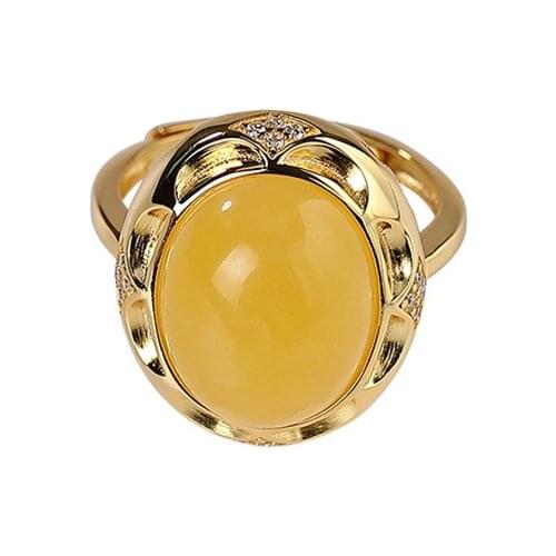 S925 sterling silver gold-plated natural amber ring personality affordable luxury flower womens opening ring bracelet