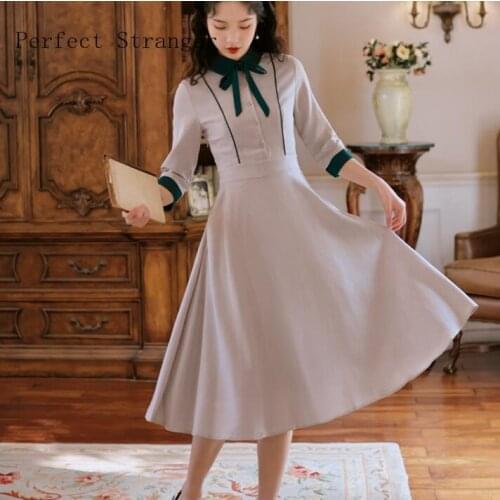 Vintage Hot Sale High Quality Peter Pan Collar Bowknot Collect Waist Three-quarter Sleeve Women Long Dress