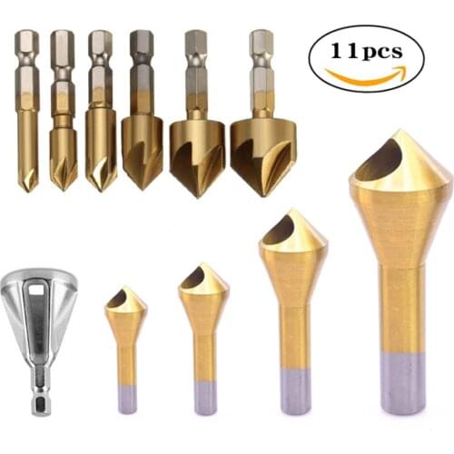 11Pcs Chamfer Drill HSS 1/4" Hex Shank 90 Degree Wood Chamfering Cutter Metal Titanium Coated Countersink Deburring Tool