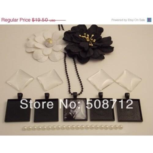 30sets Flash Sale Black Pendant Kits- Black 1 inch blank pendant trays, black necklaces, crystal clear glass cabochans