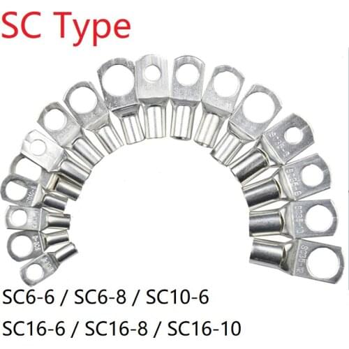 5pcs SC Type Wire Nose Terminal SC6 SC10 SC16 Bare Copper Battery Block Lugs Hole ID 6mm 8mm 10mm Crimp DTGA Cable End Connector