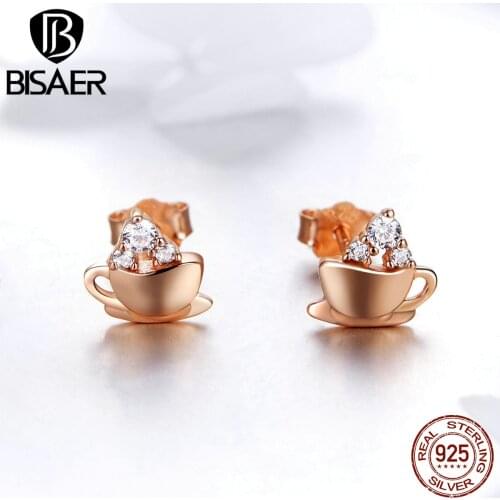 BISAER 100% 925 Sterling Silver Coffee Cup Exquisite Women Stud Earrings High Tea Shape Fashion Earrings Silver Jewelry ECE592