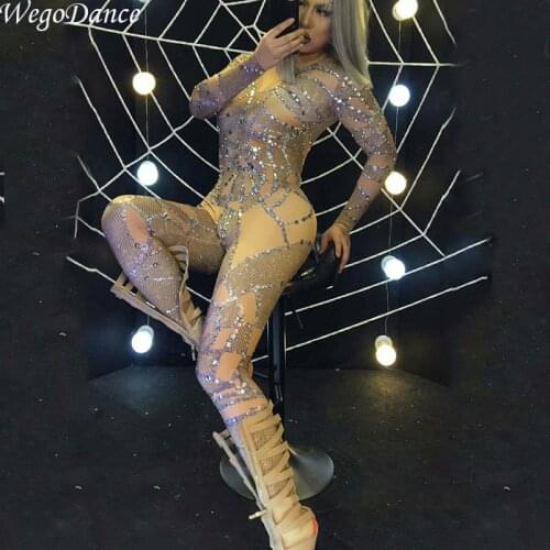Silver Shining Rhinestones Bodysuit Women Sexy Leggings Stage Performance Wear Singer Show Costume Big Stretch Jumpsuit