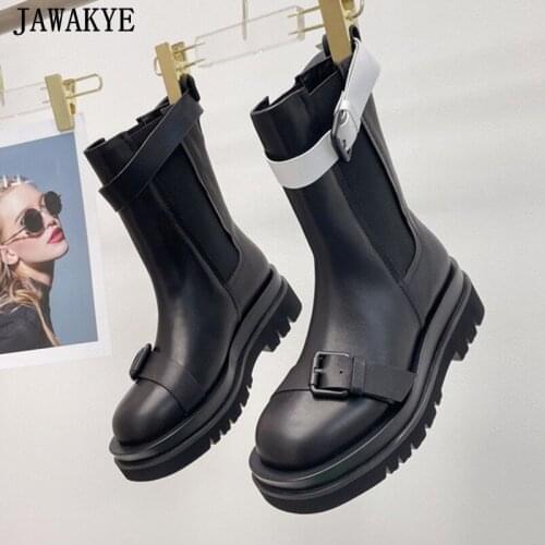 White Belt Women Platform Boots Street Style Black Thick Sole Chelsea Boots Round Toe Real Leather Motorcycle Boots Buckle Decor