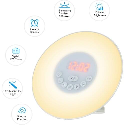 Touch Control Alarm Clock Wake Up Light Sunrise Simulation Digital Clock with FM Radio 7 Colors Light Nature Sounds Snooze Clock