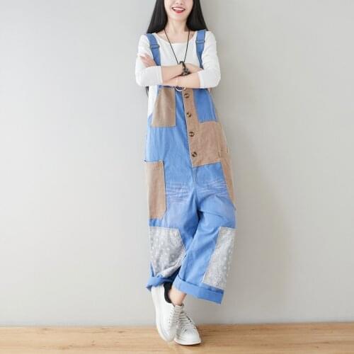 Wide Leg Denim Jumpsuits Baggy Contrast Color Overalls Vintage Patchwork Cowboy Loose Rompers big size Drop Crotch Bib jeans