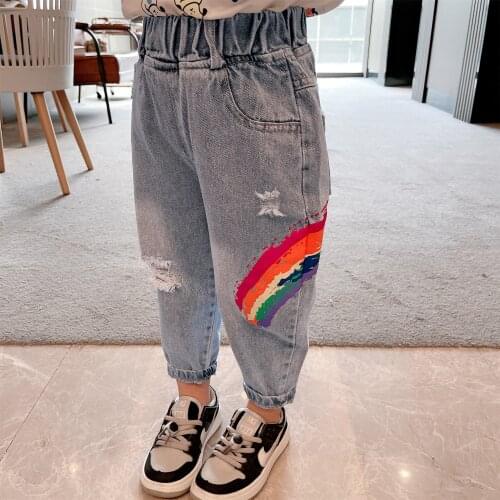 2 3 4 5 6 7 Y Toddler Girls Jeans Casual Korean Kids Denim Pants Fashion Rainbow Striped Broken Hole Jeans for Girl Baby Pants