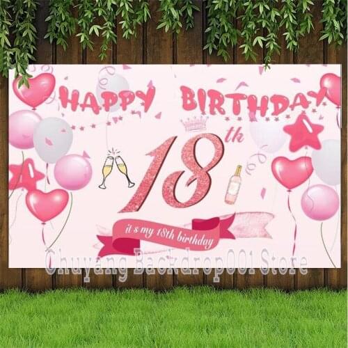 18th Photography Backdrop Girls Happy Birthday Papty Pink Balloon Photo Studio Background Decor Banner Prop
