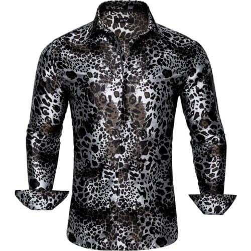 Hi-Tie Brown White Novelty Floral Mens Silk Shirt Long Sleeve Casual Shirt For Men Jacquard Male Business Party Wedding Dress