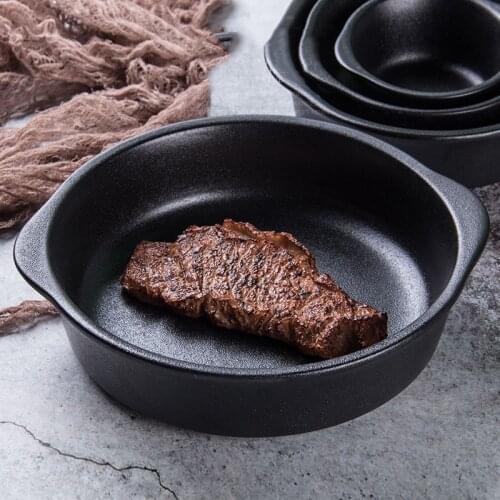 Ceramic Baking Pan Black Matte Binaural Baked Rice Baking Pan Pizza Cheese Ceramic Plate with Round Anti-scalding Edges for Oven