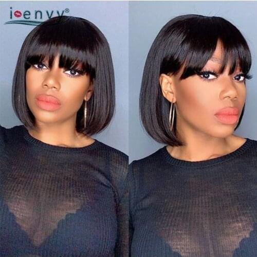 Short Bob Wigs With Bangs Human Hair Brazilian Straight Remy Human Hair Wigs For Women No Tangle Short Bob Wigs Full Machine Wig