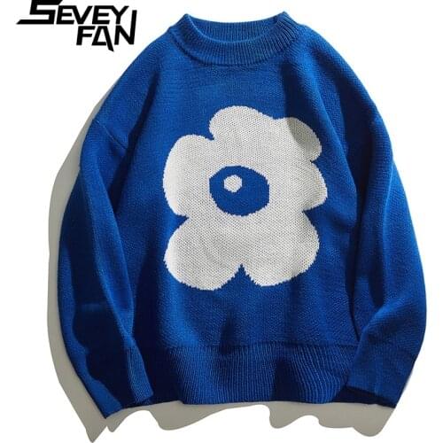 SEVEYFAN Mens Fashion Flower Jacquard Sweaters Blue Loose O Neck Kintwear Hip Hop Pullover Sweater for Couples
