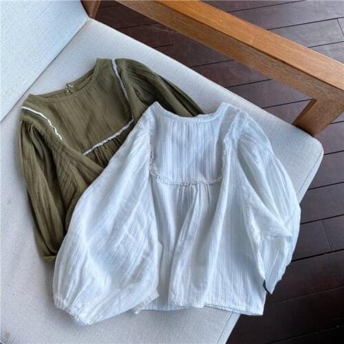 New 2021 Spring Baby Girls Pure Color Blouses Korean Style Lantern Sleeve Tops Children Clothes Toddlers Kids Cotton Shirts