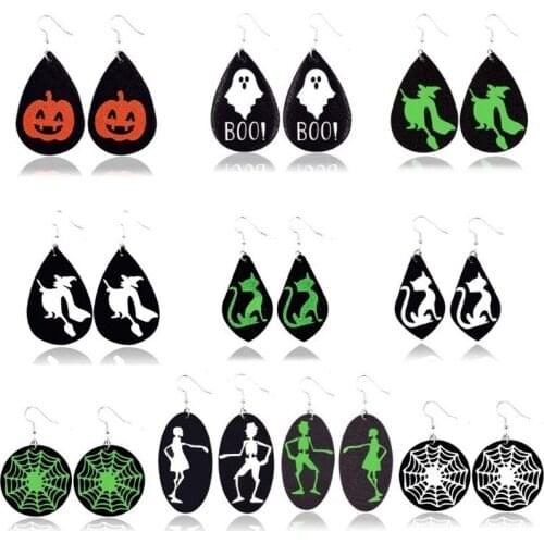 2021 Wholesale Halloween Earrings Witch Hat Pumpkin Spider Fun Geometric Double-sided Printed Leather Earrings