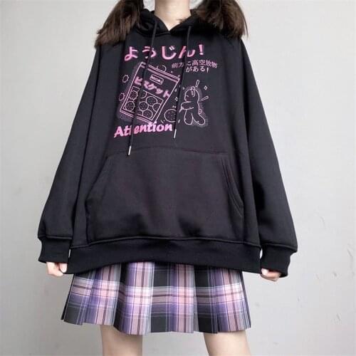 Autumn and winter loose Harajuku style black sweet cartoon print casual hooded jk plus velvet student jacket female jacket