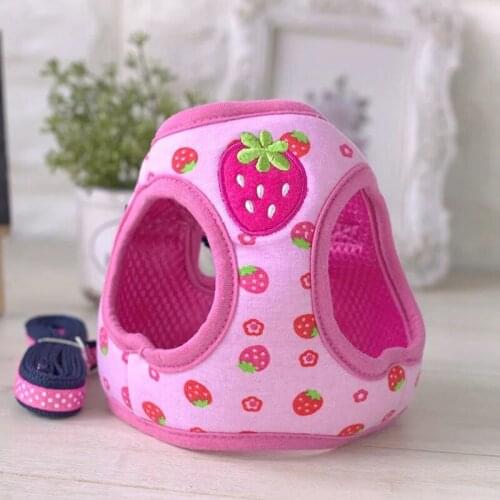 Cute Dog Harness Vest Pink Blue Yellow Strawberry Pet Collar And Leash Set Soft Adjustable Designer Custom Cat Walking Pitbull