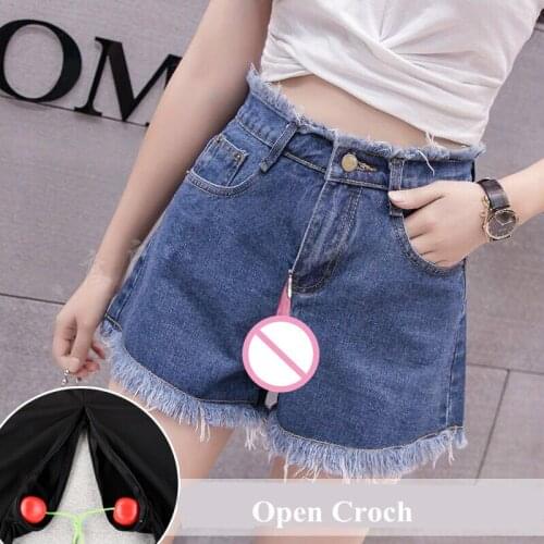 Outdoor Sex Pants For Women Summer Denim Trousers Shorts High Waist Jeans Plus Size Open Croch Double Zipper Exotic Sexy Clothes