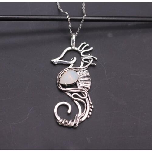 White Opal Hippocampus Seahorse Pendant Necklace for Women Sliver Color Hollow Carving Sea Horse Charm Necklace Birthday Gifts