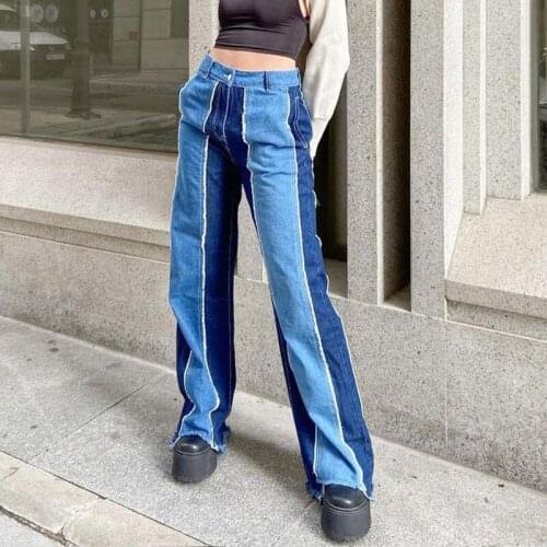 Casual Retro Patchwork Jeans Fringed Straight Jeans Womens Overalls Mom Retro Y2K Trousers Streetwear Blue 90S Boyfriend Jeans