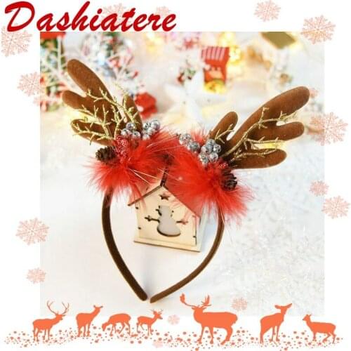 Lovely Christmas Antler Headband Feather Branches Ornament for Baby Girls Kids Red Reindeer Hair Band New Year Accessories