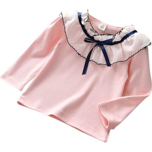 Girls Shirts Autumn Baby Toddler Kids Girls Cotton Lace Bow Shirt Tops Blouse Long Sleeve Round Neck Children Casual Shirts