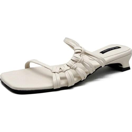 Women Black White Yellow Square Heels Slides Women Rope Lattice Peep Toe Women Outside Sippers Shoes Mujer Elegant Shoes 35-39