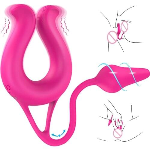 Couple Vibrator with Butt Plug for Penis Clit Stimulation Anal Training Rechargeable Cock Ring Multi-speed Sex Toy for Men Women