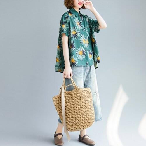 Printed Flower Green Women Shirts 2021 Summer Vintage Short-Sleeved Loose Casual Female Shirts Outwear Coat Tops