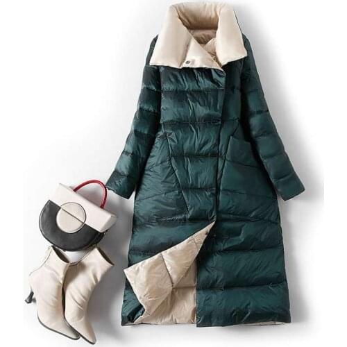 FMFSSOM Women 90% White Duck Down Both Side Down Long Jacket Double Breasted Fashion Blackish Green Outwear Warm Lapel Parka