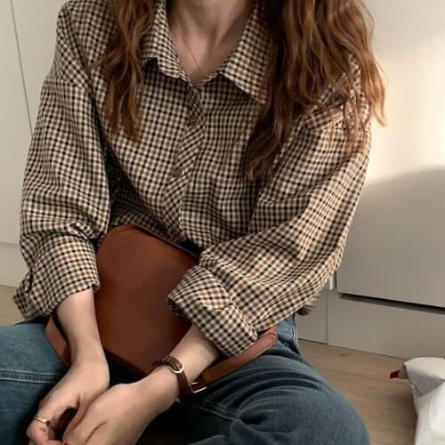 Women Korean Casual Loose Plaid Shirt Long Sleeve Vintage Blouse Female Office Student Lady Tops Harajuku Clothes