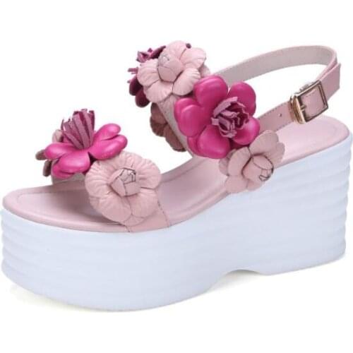 Moraima Snc Leather Flower Decorations Platform Wedge Sandal Summer Open Toe Ankle Strap Shoes Woman Beach Wearing Shoes Pink