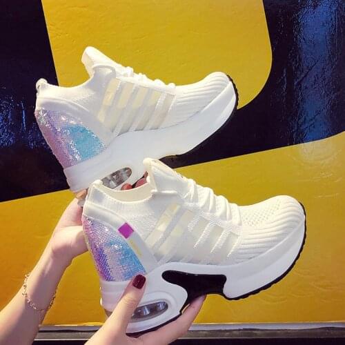 Womens Sneakers Spring Sequined Casual Shoes Women Platform Heels Wedges Height Increasing 2021 Knitted Ladies Vulcanized Shoes