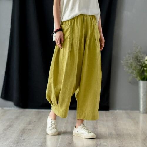 Johnature Women Cotton Linen Wide Leg Pants Loose Vintage Patchwork Trouser 2021 Spring Elastic Waist Solid Color Loose Pants
