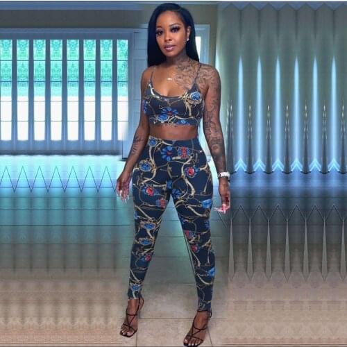 2021 New Arrival Famous Brand 2 pcs Women Set Luxury Print Spaghetti Strap Short Tops Long Pants Summer Sexy Club Outfits