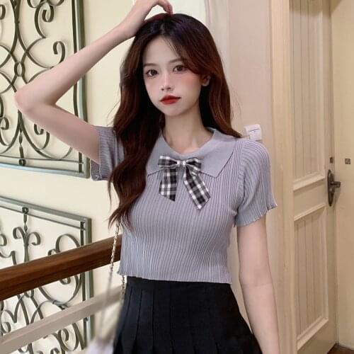 Women Stripe Short Knitwear Tops Summer Bow Lapel Slim Short Sleeve T Shirts Korean Style Tee