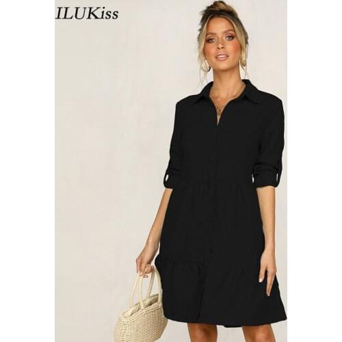 Spring Long Sleeve Solid Dress Shirt Women Turn-down Collar Pink Fashion Loose Black A line Party Woman Dresses Casual 2021 Fall