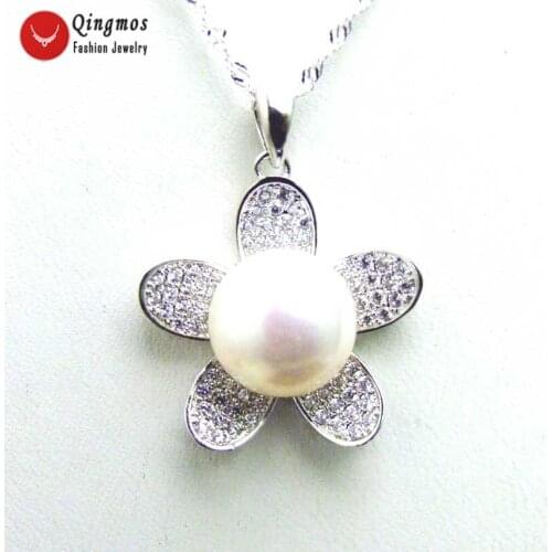 Qingmos 24mm Flower Sterling Silver 925 Pendant Necklace for Women with 11mm White Flat Round Pearl 16" Silver Chokers Necklace
