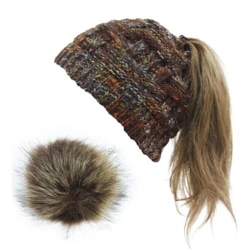Winter Knitted Beanie Hat with Faux Fur Pom Warm Knit Skull Cap Beanie for Women