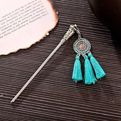 2019 Ethnic Womens Vintage Blue Tassel Hair Jewelry Bohemia Hair Sticks Chinese Style Hairpin