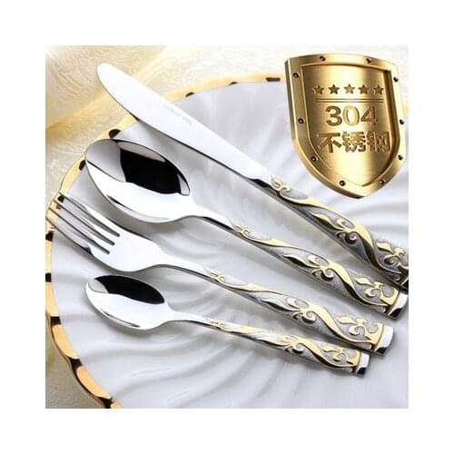 4 PCS/Set Dinnerware Set Vintage Western Gold Plated Dinner Fork Knife Golden Cutlery Set Stainless Steel Engraving Tableware