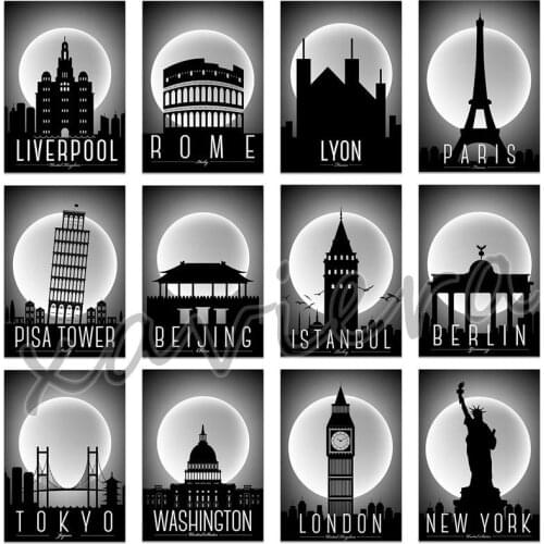 Xaviera Travel City Black White Diamond Painting 5D Diy Full Drill Cross Stitch London Paris New York Rome Building Embroidery